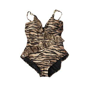 Michael Kors Brown Tiger Print Lingerie Ruffle One Piece Swimsuit Size 14